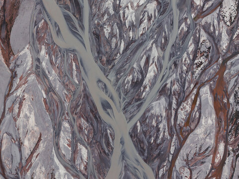 Aerial view of a braided glacial river in Iceland