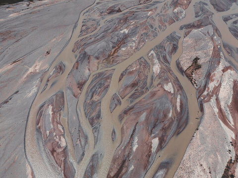 High angle aerial view of a wide braided river delta