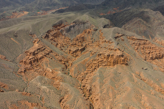 Aerial view of Charyn Canyon rock formations in Kazakhstan