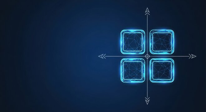 Four glowing digital nodes connected by geometric lines on a dark blue technological background with directional arrows
