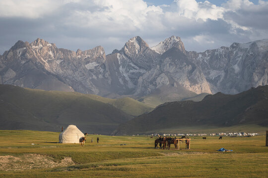 Yurt camp in a valley below massive snow capped mountains
