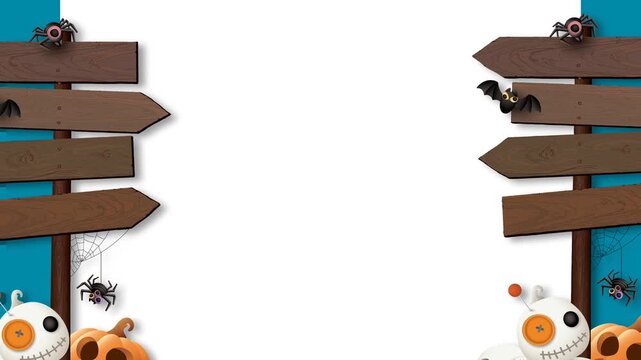 Halloween Background Frame With Wooden Signposts Pumpkins And Copy Space For Text.