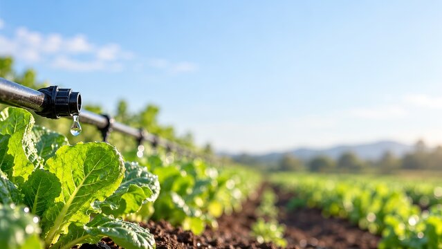 Drip irrigation watering leafy crops in a green farm field beneath a bright blue sky