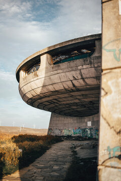 Abandoned Brutalist Buzludzha monument in Bulgaria with graffiti