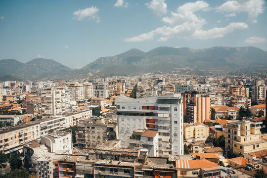 High angle view of Tirana Albania cityscape with mountains