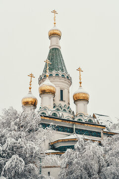St Nicholas Russian Church in Sofia covered in fresh snow