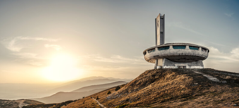 Buzludzha monument on a mountain in Bulgaria at sunset