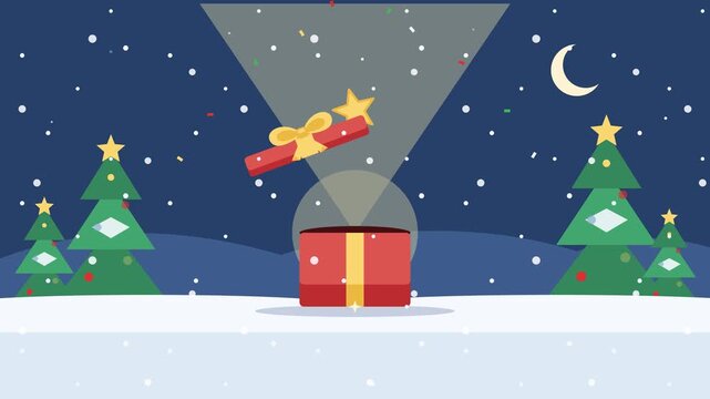 Christmas gift box under spotlight with snowy trees night animation