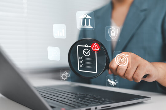 Risk management and business planning concept showing businessman evaluating risks with virtual digital indicators, highlighting strategy, opportunity assessment, and risk control.