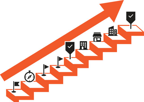 Business growth concept with orange stairs and icons representing progress milestones and successful corporate development strategy