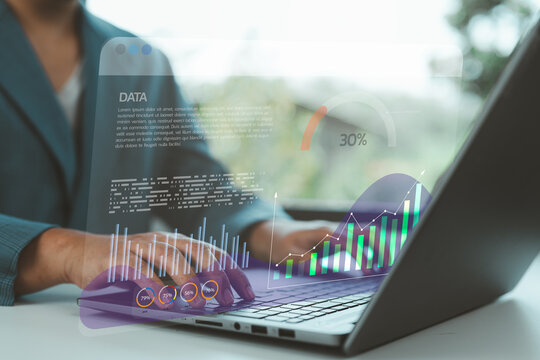 Businessman using dashboard for data management, KPI tracking and financial metrics connected to databases for finance, technology, operations, sales, and marketing management.