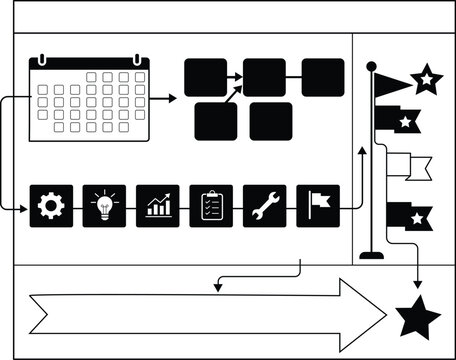 Business process workflow infographic showing planning steps icons and goal achievement with a timeline and strategy icons
