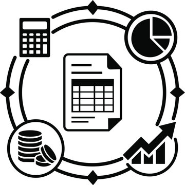 Black and white business finance icon set featuring accounting documents calculator pie chart coins and growth graph