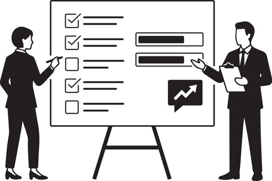Business professionals standing by a presentation board with checklist items and growth charts in a modern office