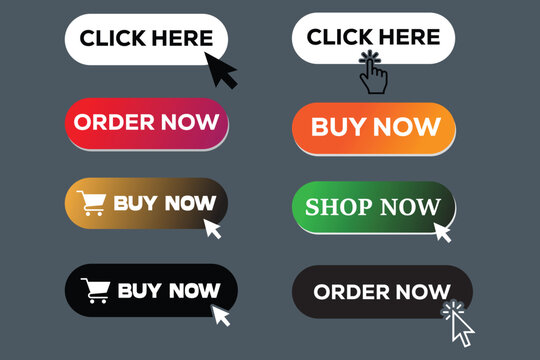 Collection of colorful call to action buttons with mouse cursor pointers