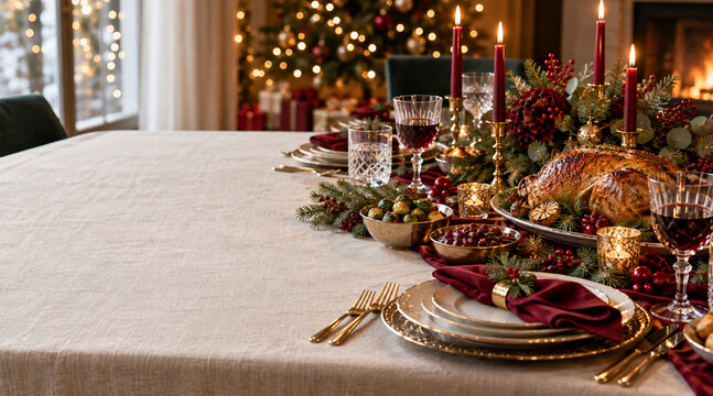 Elegant Christmas dinner table with roasted turkey, red candles, festive greenery and holiday decorations beside a glowing fireplace with copy space