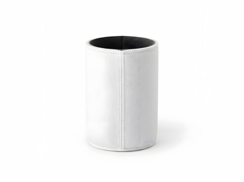 White cylindrical can holder with ribbed texture isolated on plain background