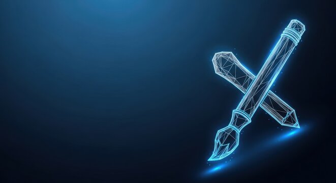 Digital Painting Brush Tool Rendered as Futuristic Wireframe on Dark Blue Background