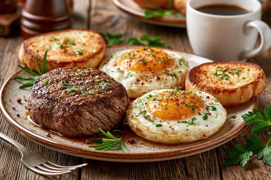Juicy grilled steak with fried eggs and toasted bread breakfast meal