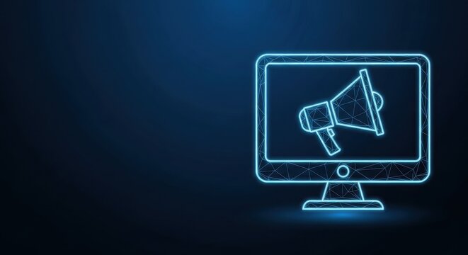 Digital marketing megaphone icon on computer screen, representing online advertising and communication strategies in technology