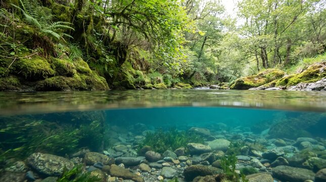 Split-level view of blue river, showing clear underwater scenery below surface and lush green vegetation above