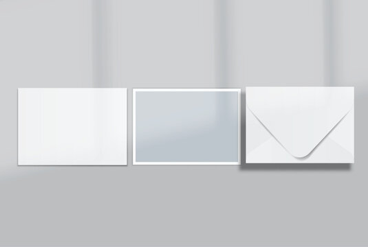 Blank postcard and envelope mockup on a soft background, featuring a minimal layout with realistic shadows for stationery branding, invitation design, wedding cards, gift card and print presentation