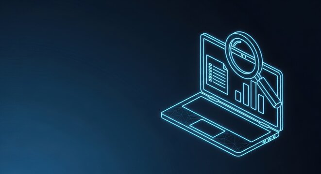 Glowing Neon Laptop Displays Data Analysis and Financial Charts on Dark Background