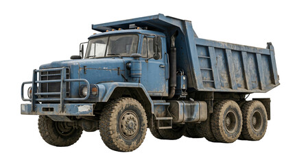 Blue dump truck heavy machinery vehicle construction transport dirty muddy wheels on transparent background © Hosnibee_PNG