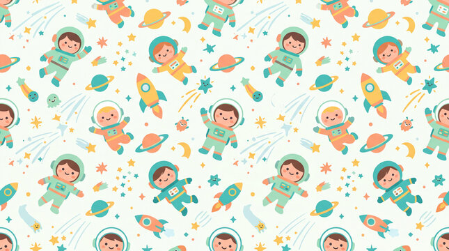 cartoon astronauts and space objects seamless pattern