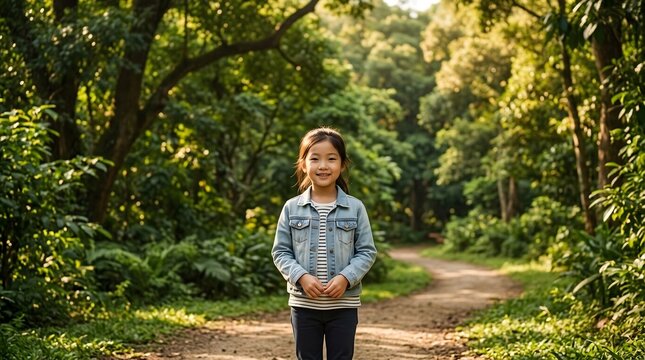 Happy little girl standing on a scenic path in lush forest