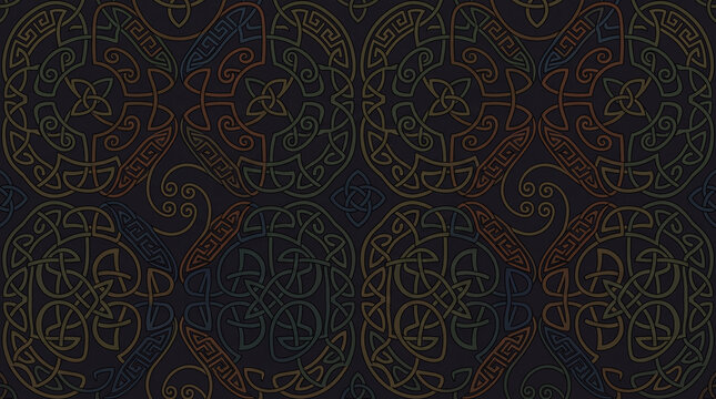celtic knotwork pattern, ornate gold design on dark background