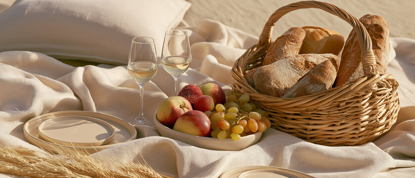 An Idyllic Picnic Spread: A charming picnic setup on a sandy expanse, featuring a wicker basket overflowing with crusty bread, a colorful assortment of fresh fruits, and two glasses of white wine.