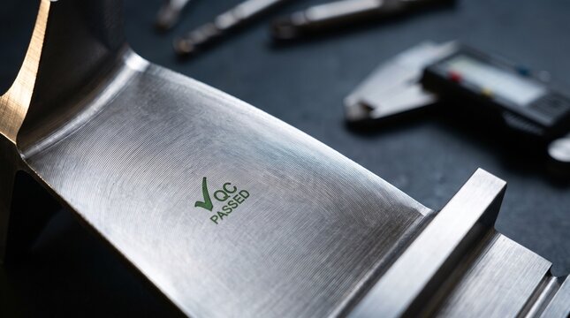Metallic turbine blade with passed stamp sitting on dark workshop table