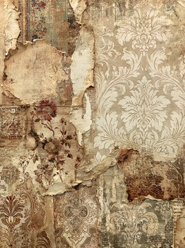 Antique paper collage with torn layers, neutral cream tones and subtle damask pattern