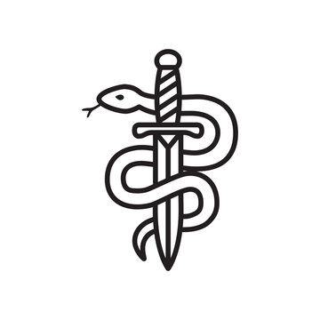 Minimalist line art icon of a serpent snake coiled around a sharp dagger sword.