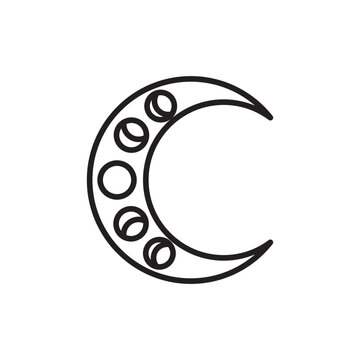 Simple outline icon of a crescent moon detailed with smaller moon phase circles. 