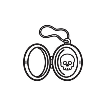 Minimalist line art icon of an open vintage locket pendant revealing a skull inside.