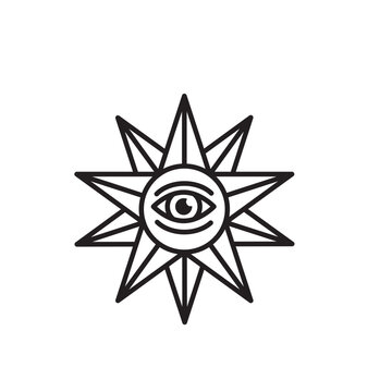 Simple outline icon of a pointed mystical sun containing an all-seeing eye in the center.