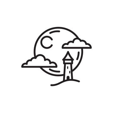 Simple outline icon of an old tower under a big full moon and clouds landscape. 