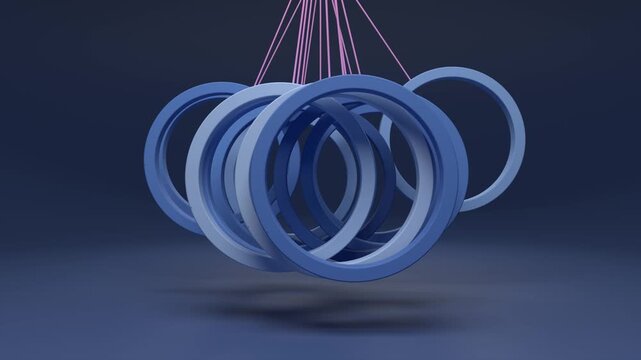 Blue interlocking rings pendulum 3D animation seamless loop