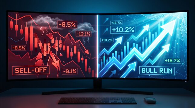 Ultrawide curved monitor showing bear market sell-off and bull run trends