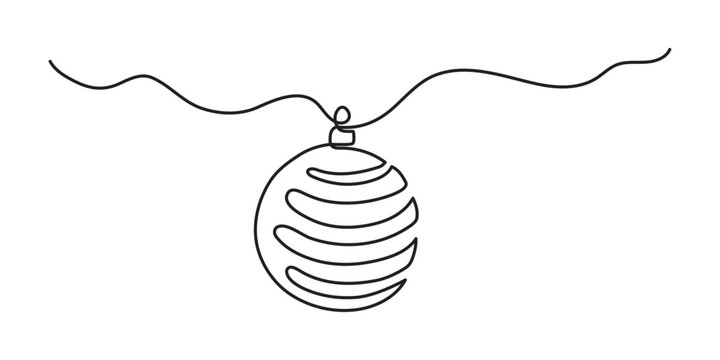 Christmas tree ball festive decoration one-line art, continuous line drawing 2027 New Year holiday adornment symbol, winter celebration abstract element. Editable stroke. Isolated vector illustration.