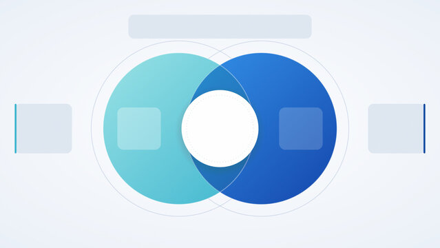 Venn diagram 2 circle overlap infographic vector template with central node and side text boxes