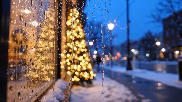 rain covered storefront window reflecting warm holiday lights beside a decorated christmas tree and snowy city sidewalk at blue hour, atmospheric winter street scene