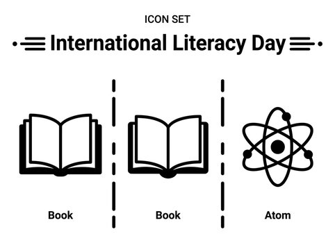 International Literacy Day Book and Atom Vector Icon Set
