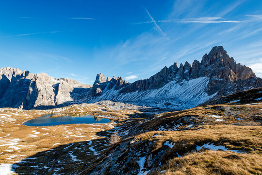 Alpine lake Boedenseen in the Sexten Dolomites of South Tyrol Italy