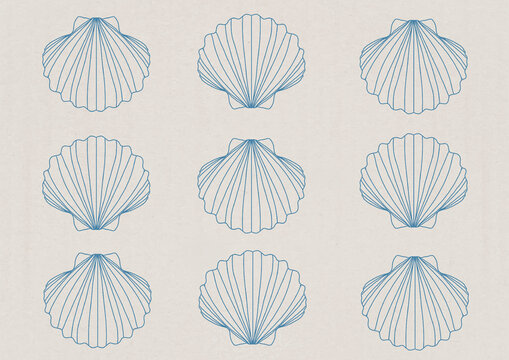 Blue scallop shell line art forms a seamless pattern on a background