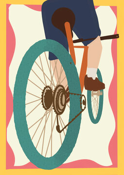 A person rides a colorful bicycle forward in this illustration