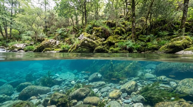 Split-level view of blue river, showing clear underwater scenery below surface and lush green vegetation above
