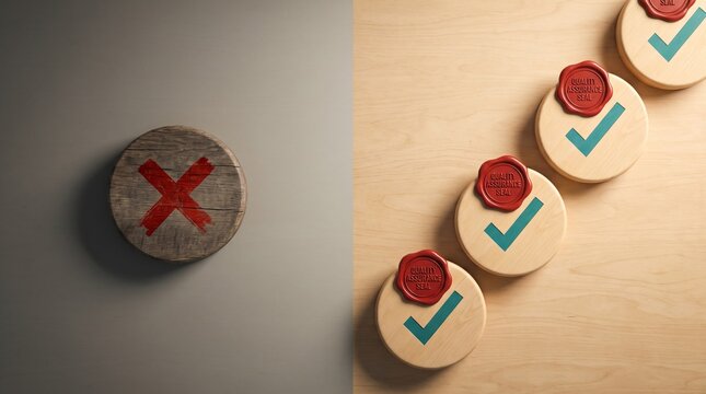 Wooden tokens with red wax seals and checkmarks compared to a cross mark